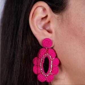 Anthropologie Fuchsia Beaded Floral Drop Earrings with Gold Accents